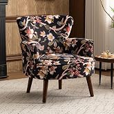 DRKAT Floral Accent Chair, Upholstered Living Room Chairs with Solid Wood Legs, Mid Century Modern Velvet High Back Armchair for Bedroom, Living Room, Black