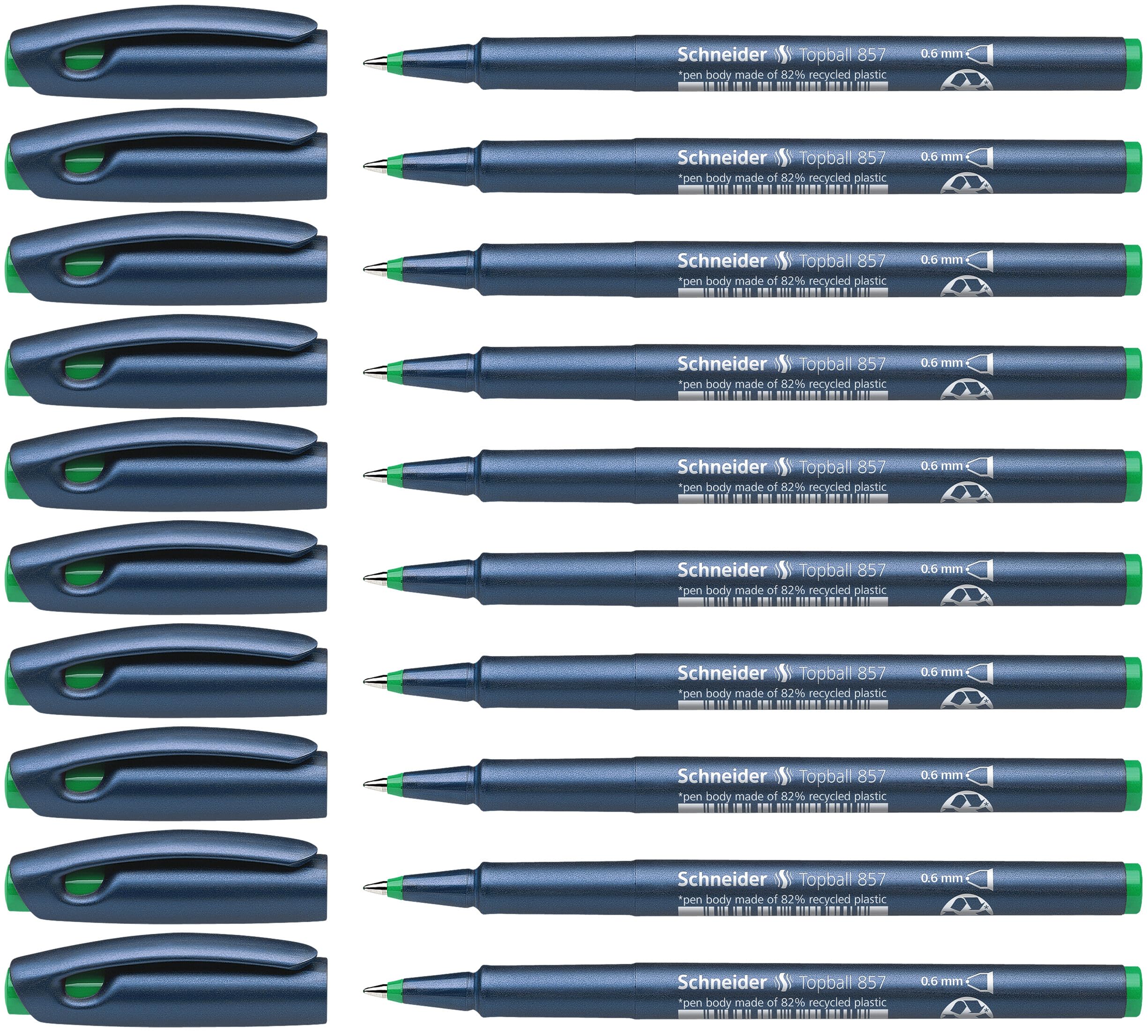 Schneider Topball 857 Rollerball Pens with Solid Metal Tip 0.6 mm, Green (Pack of 10)