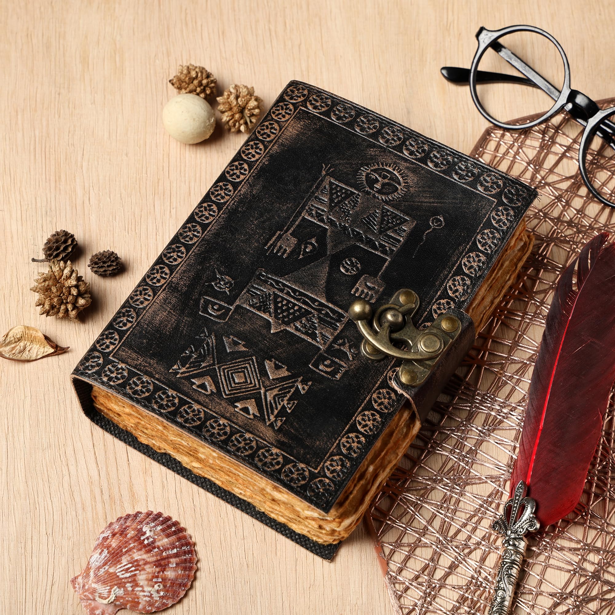 Purpledip Leather Diary Journal With Emboss Design 'Totem Pole' Handmade Tree-Free Cotton Paper With Deckled Edges In Antique Finish, Vintage Lock, 7 * 5 Inches, 188 Pages, Eco Friendly Gift (12727)