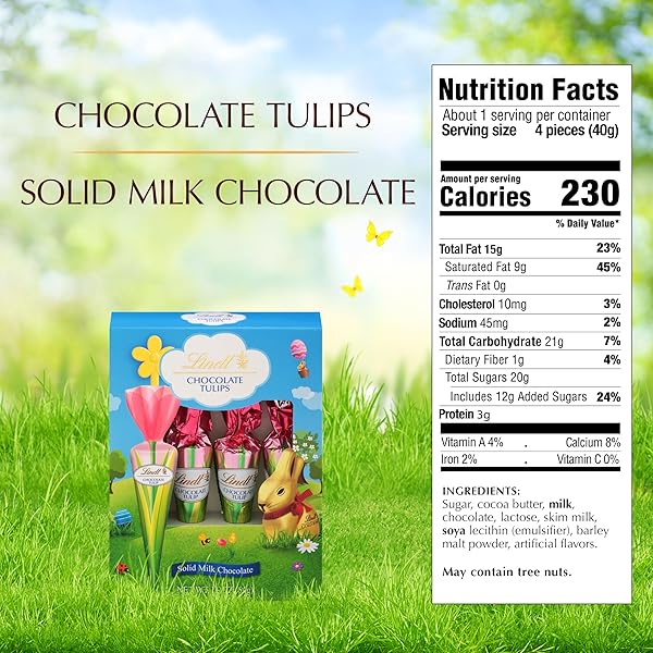 LINDT CHOCOLATE TULIPS, TULIP-SHAPED SOLID MILK CHOCOLATE EASTER CANDY ON A STICK, 4 PACK