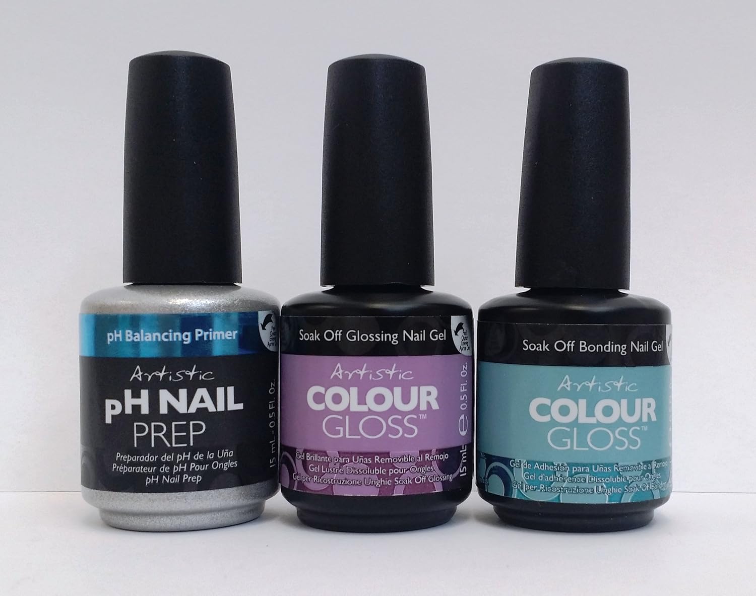 3pc Kit Artistic Nail Design Colour Gloss Gel Base & Top Coat & pH