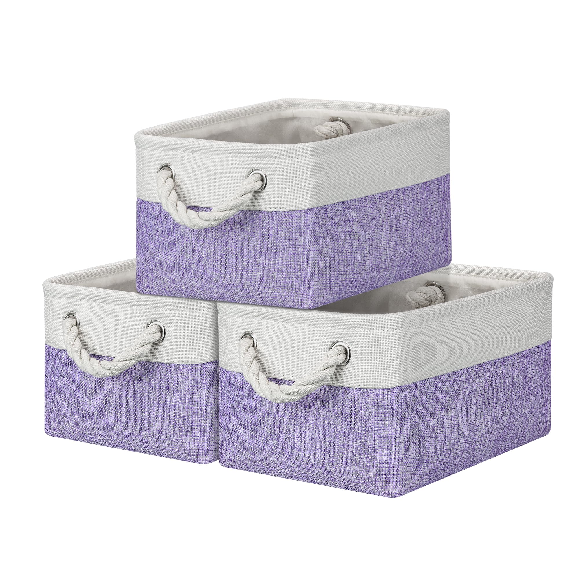 PWVMWM Small Storage Baskets with Rope Handles, Collapsible Fabric Storage Box, Small Linen Basket for Bedroom Bathroom Cupboards Shelves Wardrobe (31x21x16cm/3 Pack, White Purple)