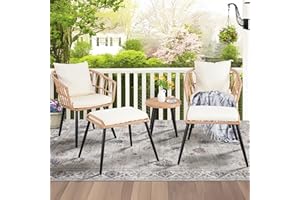 PORWEY 5 Piece Patio Bistro Set with Ottoman, Outdoor Wicker Apartment Balcony Furniture Sets, Rattan Table and Chairs Set of 2 for Porch Backyard Deck, Yellow,Beige