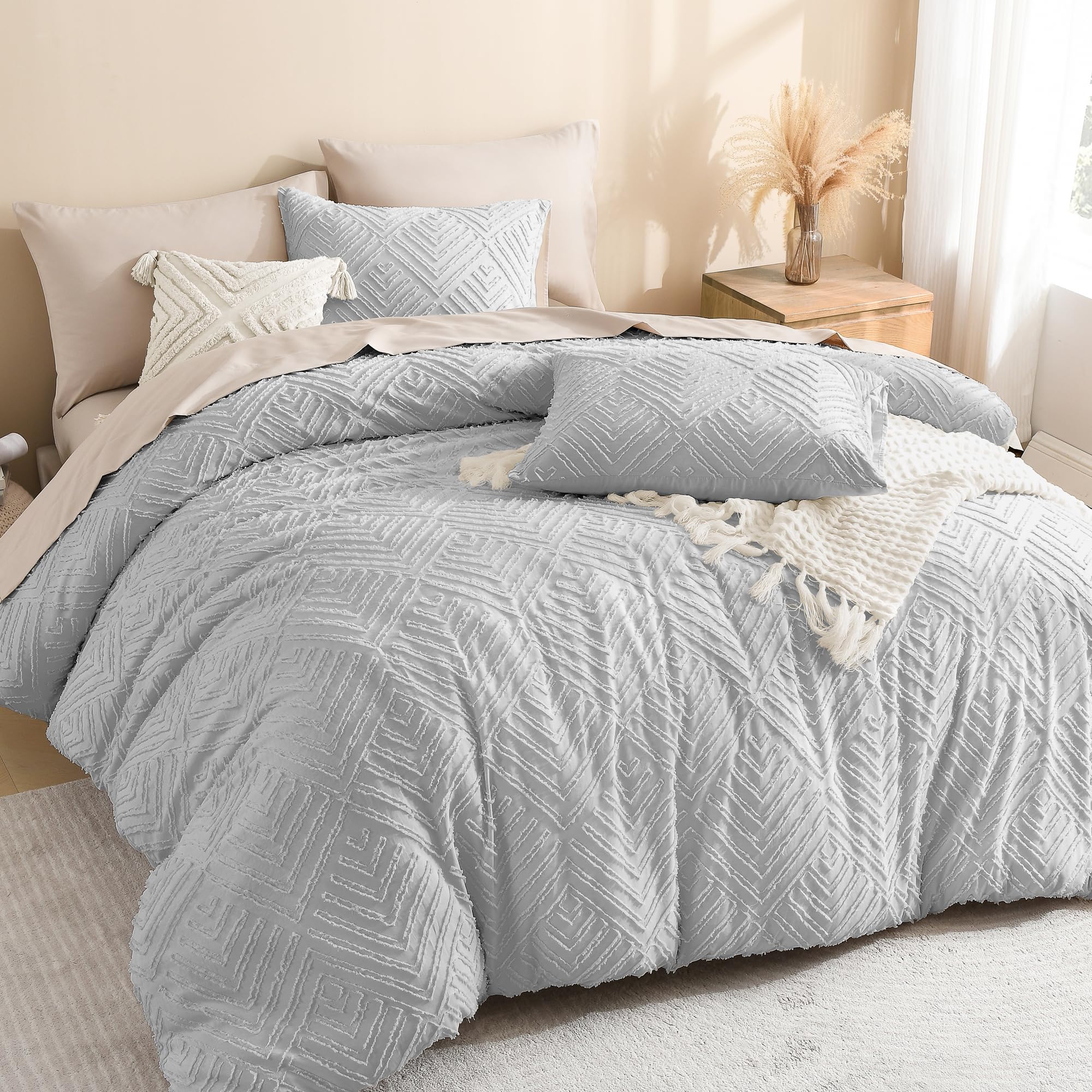 Litanika Light Grey Full Comforter Set, 3 Pieces Tufted Boho Farmhouse Bedding Comforter Sets, Lightweight Fluffy Comforter Bed Set for All Season (79x90In Comforter and 2 Pillowcases) Image