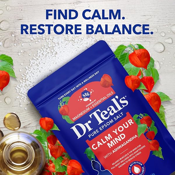 DR TEAL’S EPSOM SALT MAGNESIUM SOAK, ASHWAGANDHA & ESSENTIAL OILS, 3 LBS (PACK OF 4)
