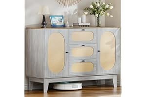 LegacyAmerhome Large Buffet Sideboard Cabinet with Charging Station,Rattan Credenza Kitchen Storage Cabinet with 3 Drawers, Buffet Table Coffee Bar Wine Bar for Dining Room/Living Room (Grey＆Brown)