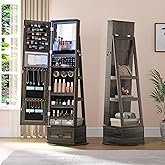 360°Swivel jewelry organizer with Full Length Mirror with Lights,Jewelry Armoire Cabinet Standing with Drawers,Large Mirror Storage for Jewelry and Makeup,Best Gift for Wife & Girls, blackish brown