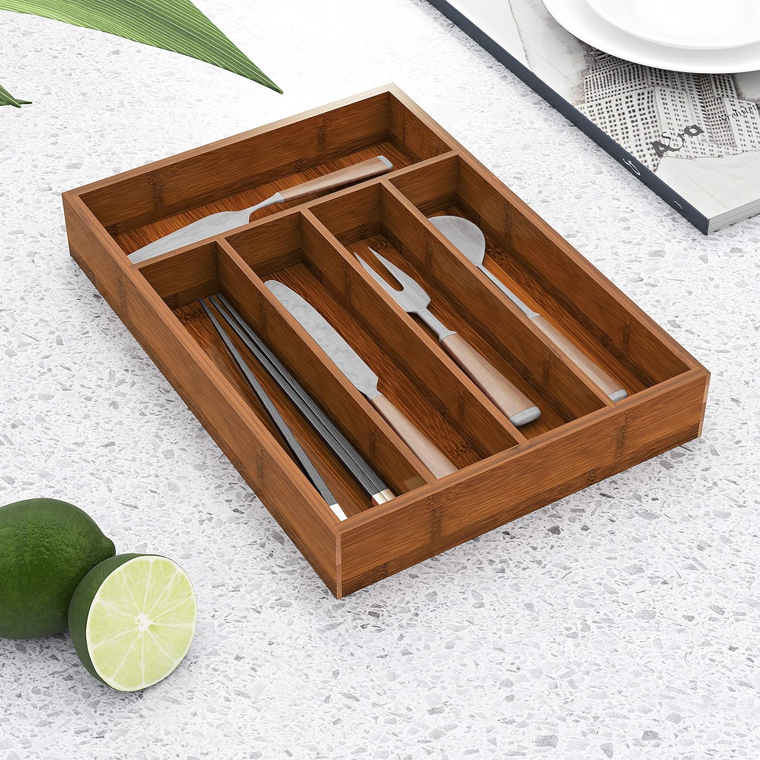 BAMEOS Drawer Organizer Bamboo Silverware Holder, Cutlery Tray Flatware and Utensil Organizer for Knife Spoon Tool Kitchen Garage -