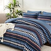 Dobuyly Navy Blue Comforter Queen Size Set 7 Piece, Boho Striped Bed in a Bag Set, Neutral Mens Comforter Bedding Set with Sheets, Pillowcases & Shams