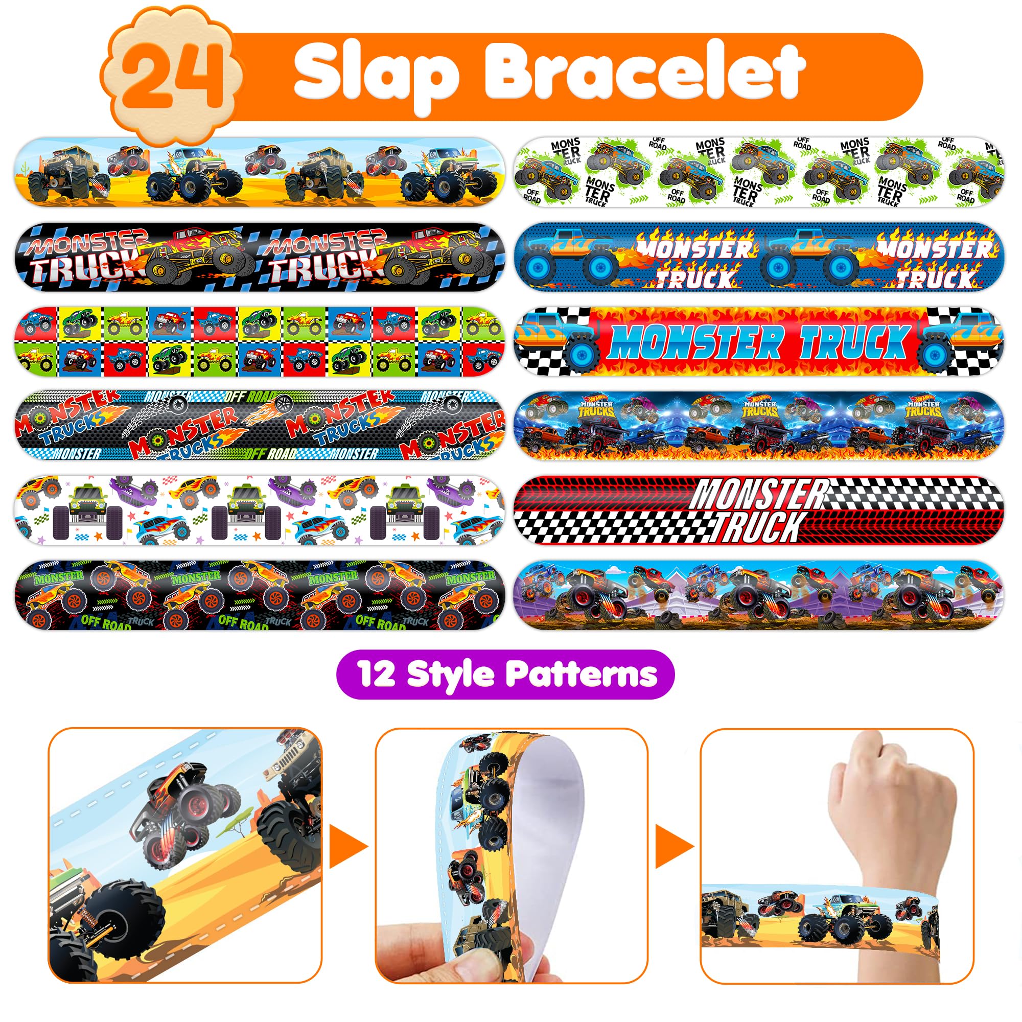 72PCS Monster Truck Party Favors – 48 Pre-cut Temporary Tattoos & 24 Slap Bracelets for Kids – Ideal for Boys' Birthday Parties, Classroom Prizes, and School Rewards