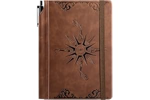 CAGIE Compass Leather Notebook Journal for Men, 100 GSM 288 Pages Lined Journals for Writing, A5 Hardcover Journaling Notebooks Gift Set with Pen for Travel Office Daily Writing