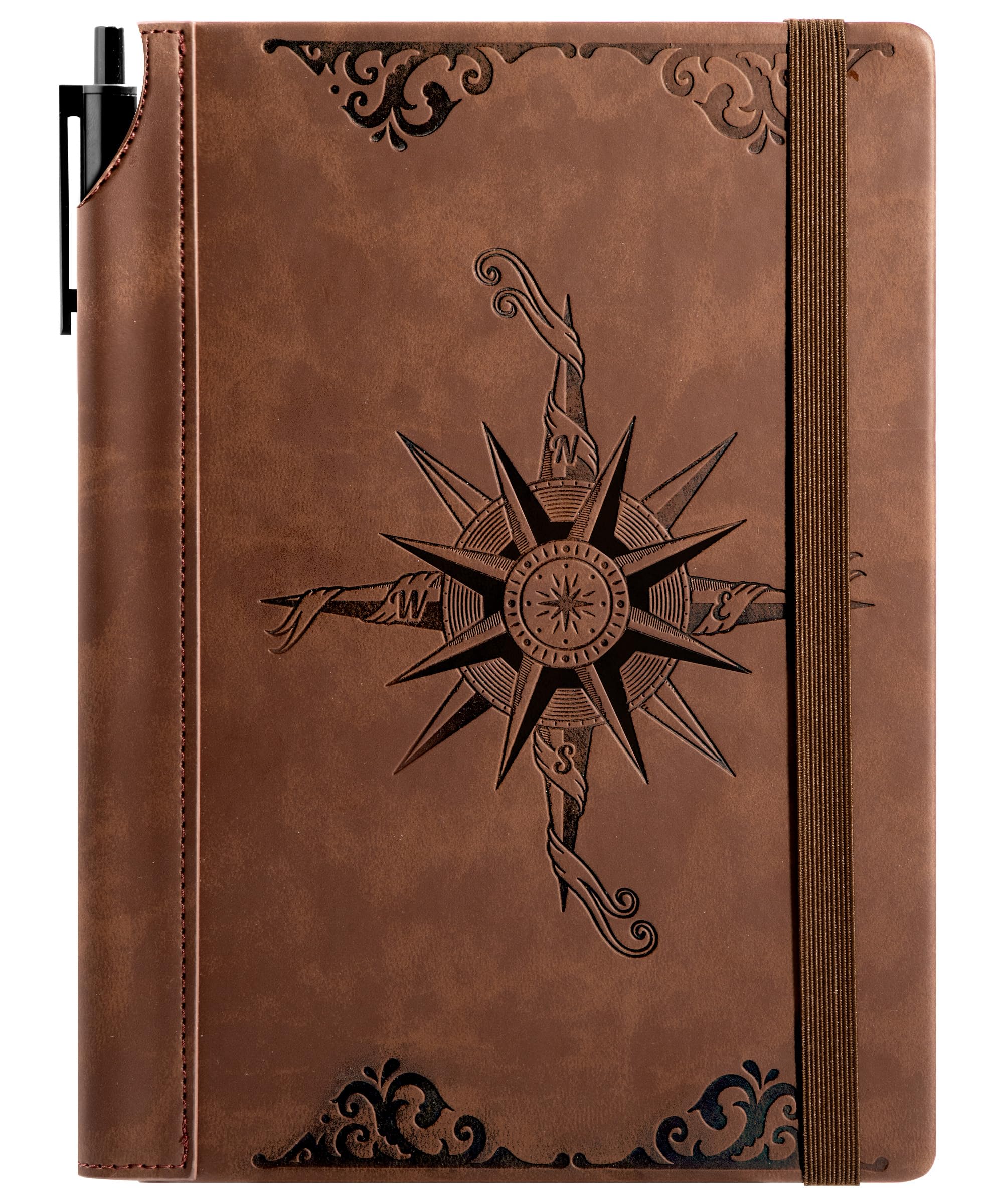 CAGIE Compass Leather Notebook Journal for Men, 100 GSM 288 Pages Lined Journals for Writing, A5 Hardcover Journaling Notebooks Gifts Set with Pen for Travel Office Daily Writing, Brown