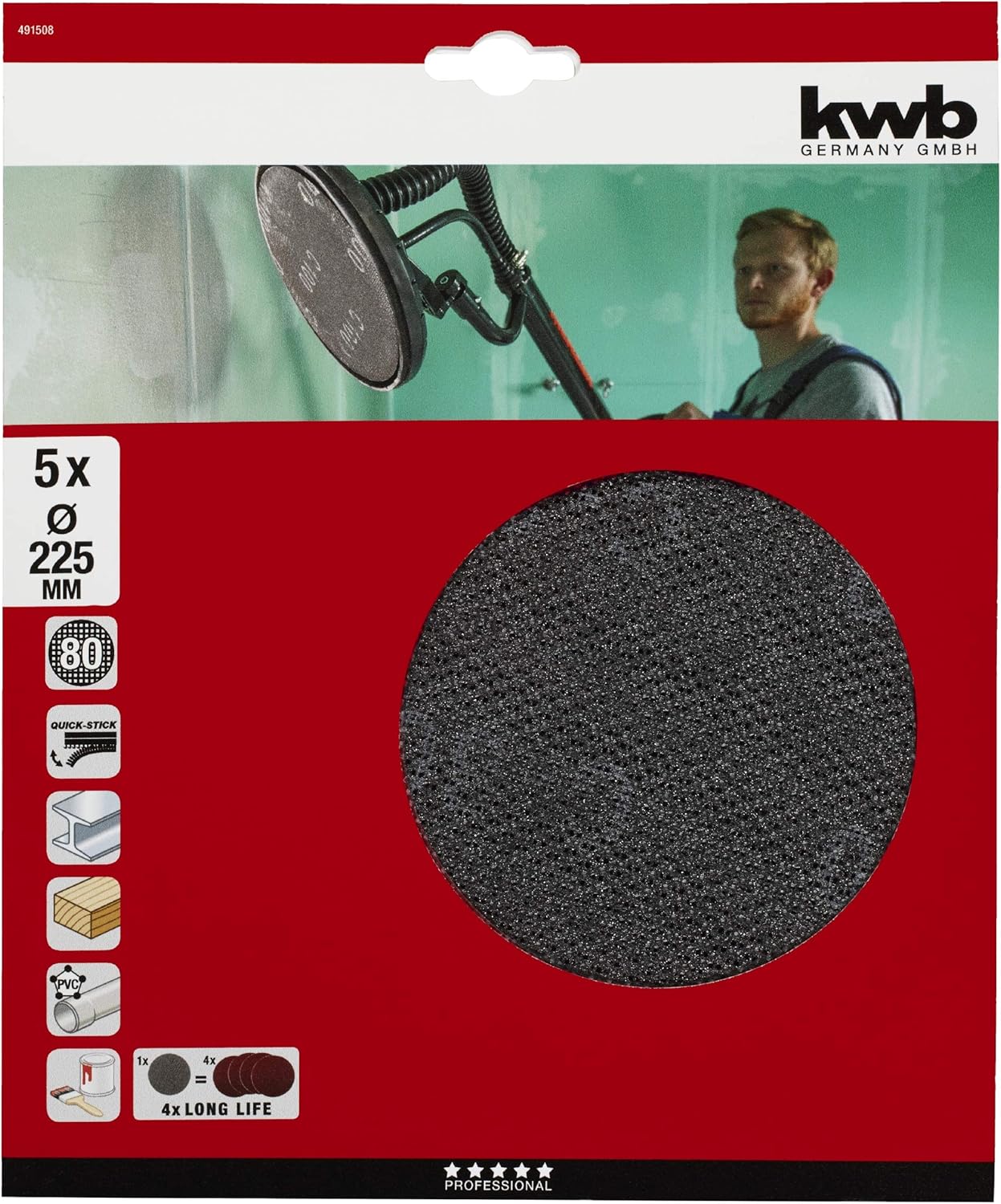 kwb Quick-Stick Abrasive Grid disc K 80 - for Long-Neck Sander, 225 mm diameter , Made of fibreglass, Perforated with Velcro (5 pcs.) - Image 3