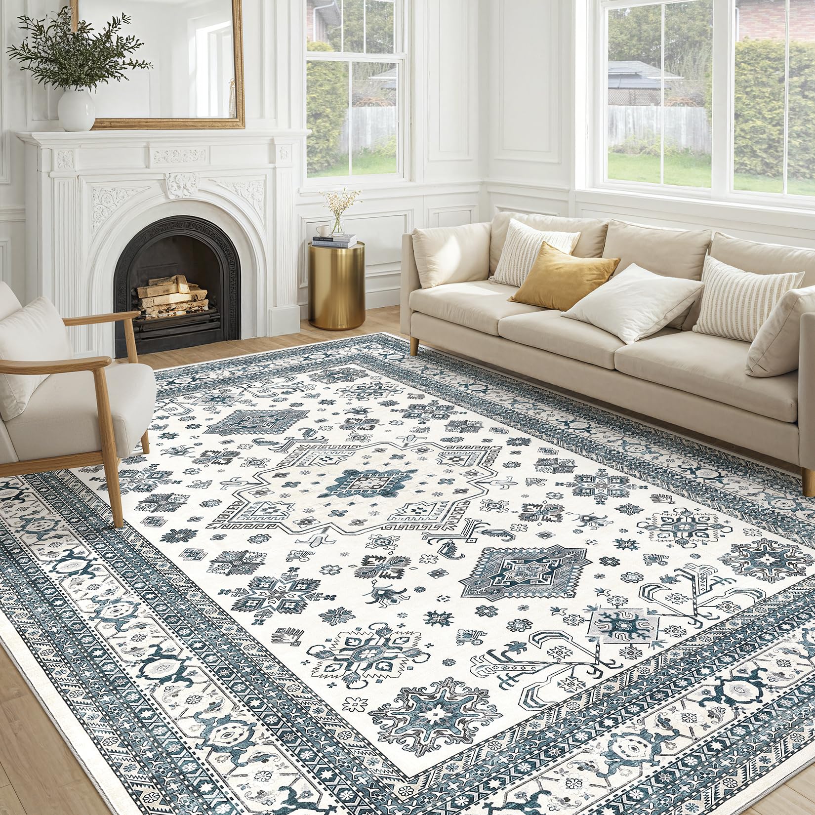 Vintage Living Room Area Rug 9x12 - Large Soft Washable Oriental Traditional Distressed Farmhouse Rugs for Bedroom - Indoor Floor Accent Carpet for Home Office House Decor - Powder Blue Image