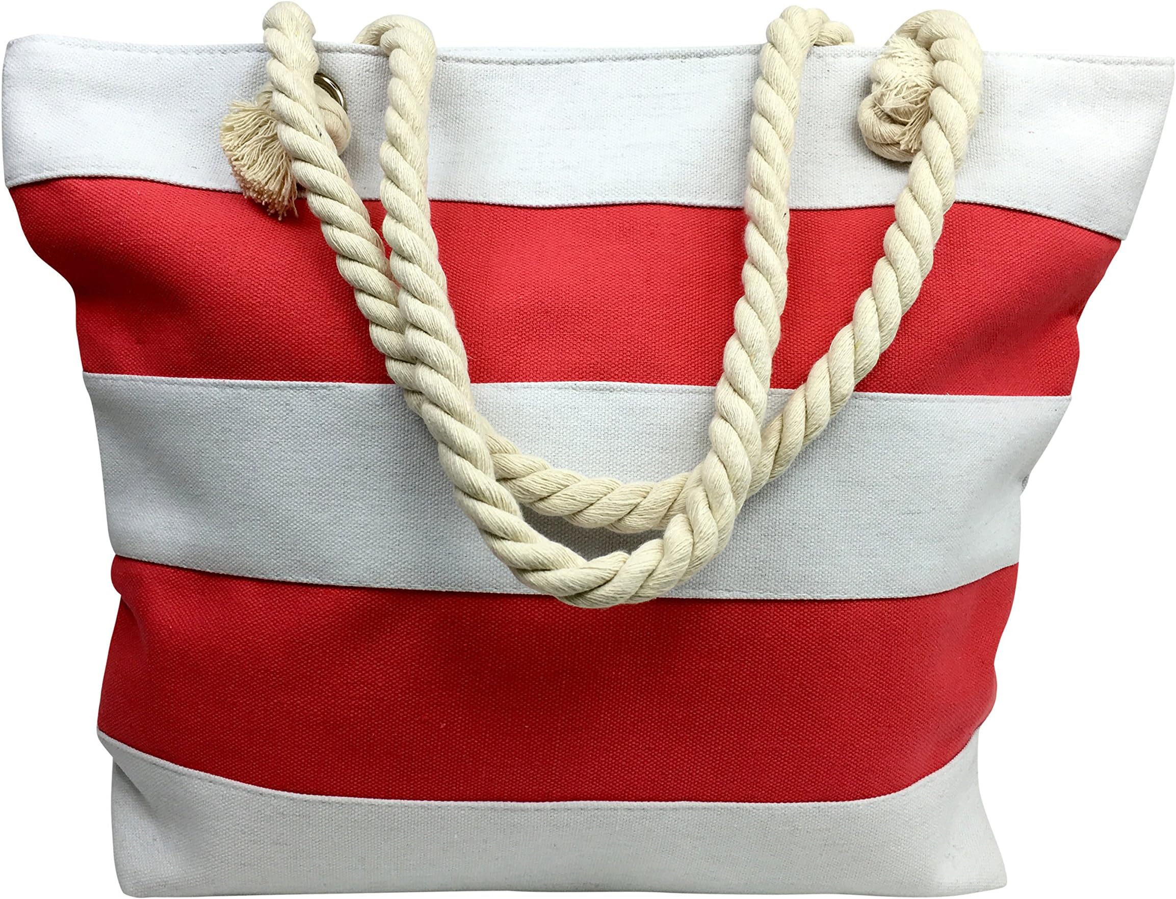 Large Beach Bag with Rope Handles, Coral and White Stripe