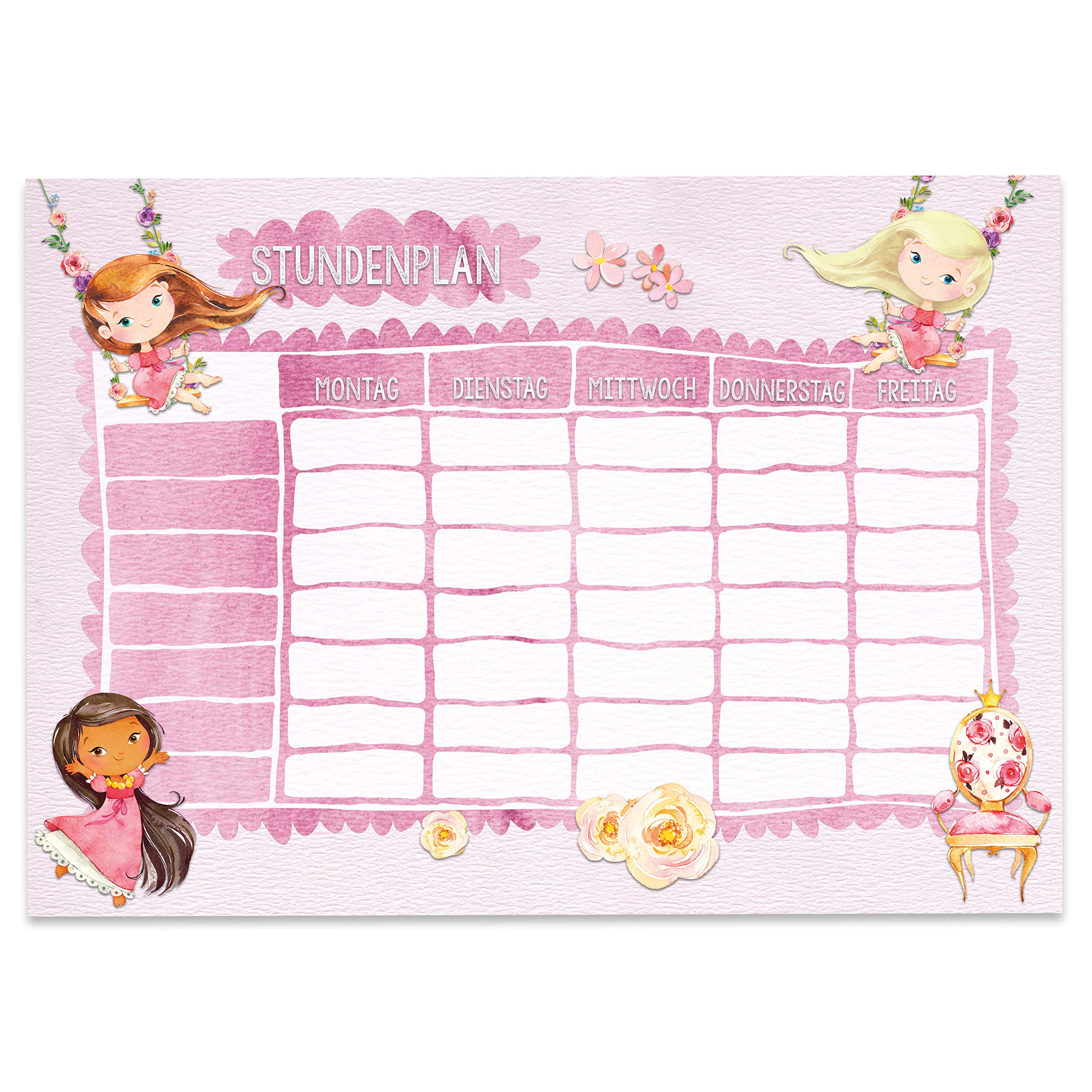 Papierdrachen Timetable DIN A4 Pad – Princess Motif – Writeable School or University – Diary and Weekly Planner for Children