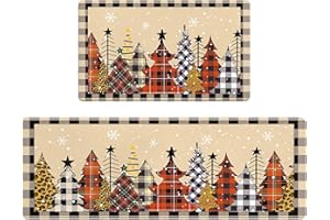 AMM Christmas Kitchen Rugs Set of 2, Buffalo Plaid Xmas Pine Tree Kitchen Mats for Floor Anti Fatigue, Winter Snowflake Chris