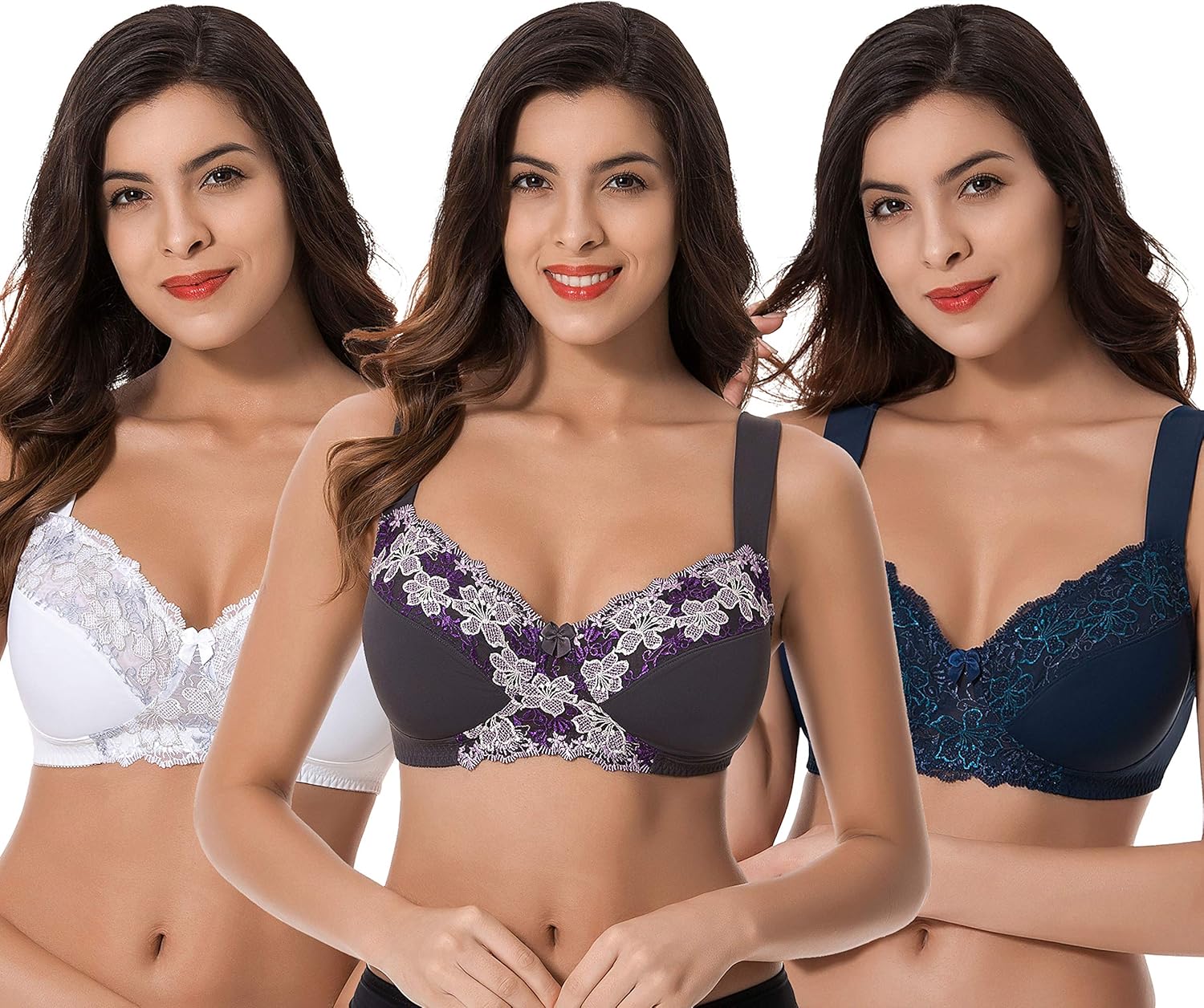 Curve Muse Plus Size Minimizer Unlined Wireless Bra with Lace Embroidery-3Pack at  Women’s Clothing store