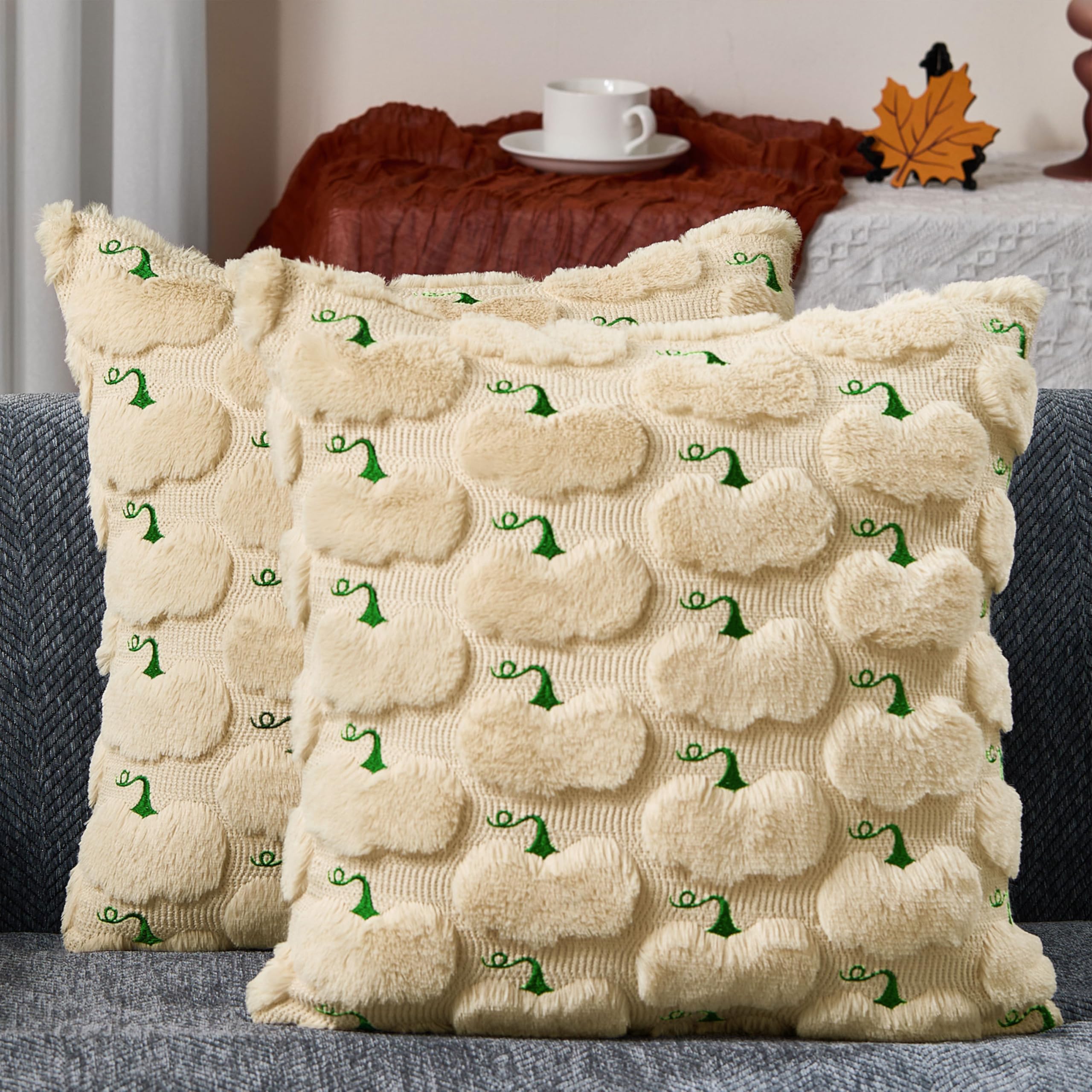 Photo 1 of DFXSZ Fall Pillow Covers 18x18 Set of 2 Fall Decorations Autumn Beige Big Pumpkin Throw Pillow Cases Soft Plush Faux Fur Wool Couch Cushion Case for Chair Sofa Living Room Home Decor PTK044A18