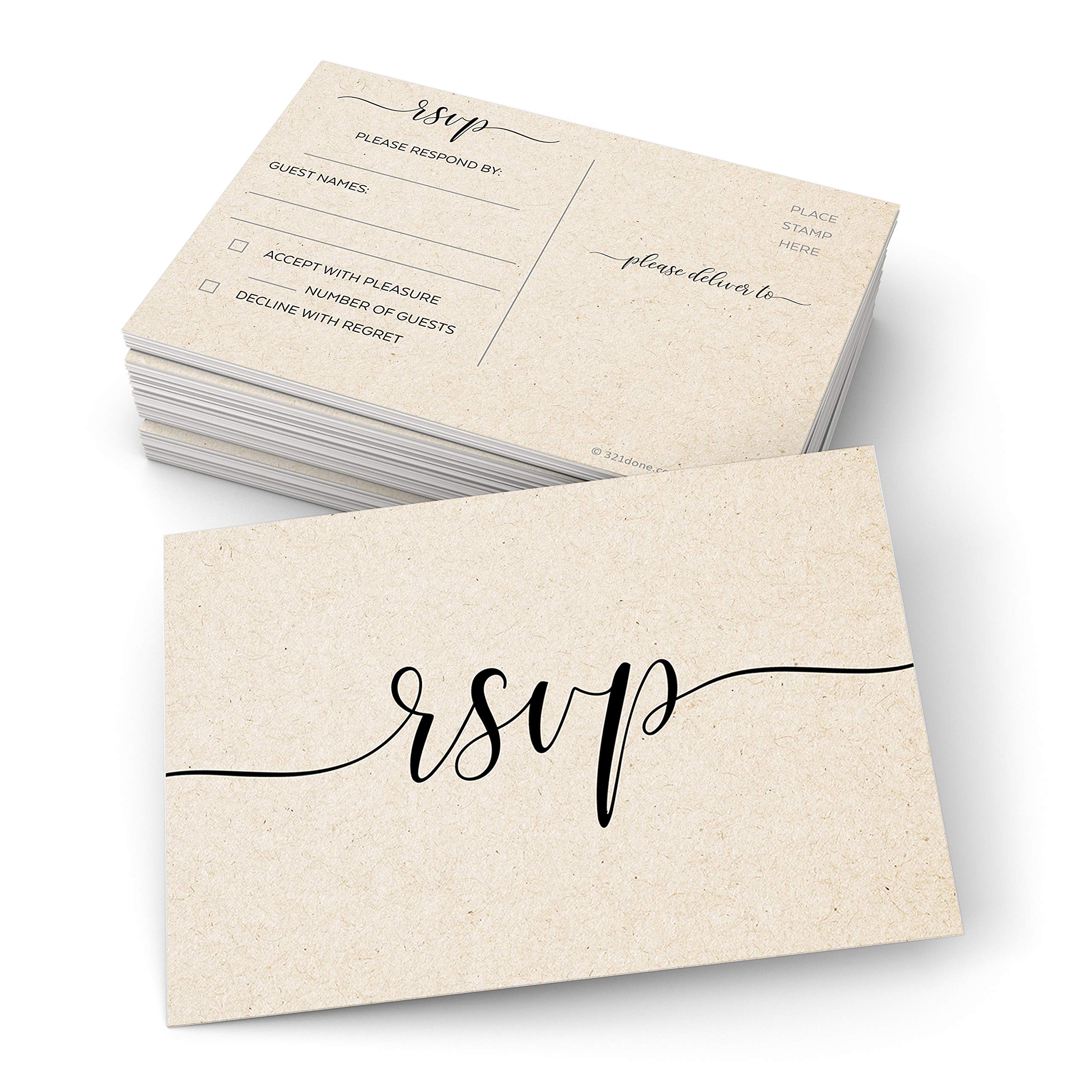 321Done RSVP Postcards (Set of 50) 3.5" x 5" - Small Blank with Mailing Side - Rustic Kraft Tan, Response Cards for Wedding, Bridal Shower, Baby Shower, Made in USA