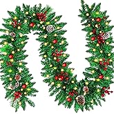 9 FT LED Christmas Garland with Pinecones Red Berries Bows Christmas Balls Candies, Multi-Function Christmas Garland with 50 Warm White LED Lights, 310 Branch Tips for Indoor Outdoor
