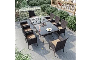 Gotland 10-Piece Indoor/Outdoor Dining Table Set, Garden Patio Rattan Set with w/Tempered Glass Tabletop with Removable Cushions and Umbrella Cutout for Patio, Backyard,8 Chairs - Sand