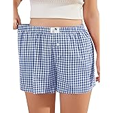 COOTRY Plus Size Women Boxer Shorts Cotton Plaid Gingham Shorts Casual Pajama Sleep Shorts Y2K Beach Bottoms