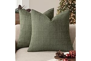 Foindtower Set of 2 Decorative Linen Check Throw Pillow Covers Neutral Farmhouse Vintage Cushion Covers Modern Boho Home Decor for Sofa Chair Couch Bedroom Living Room,20×20 Inch,Olive Green