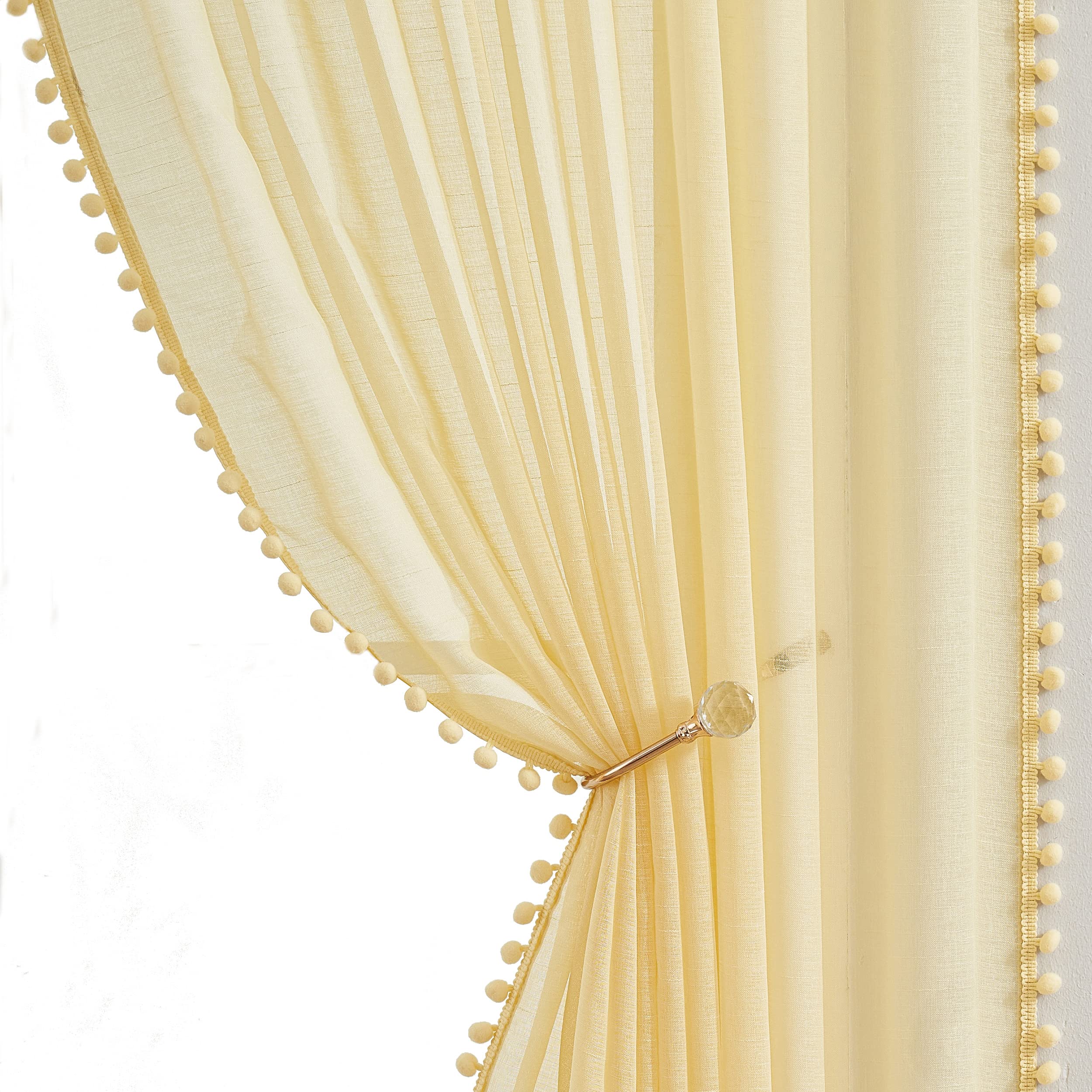 Pom Pom Yellow Sheer Curtains for Girls Children's Bedroom 54 Inch Pencil Pleat Tape Top Linen Texture Voile Curtains Light Filtering & Privacy Window Curtain Set for Basement Laundry 52" W 2 Panels