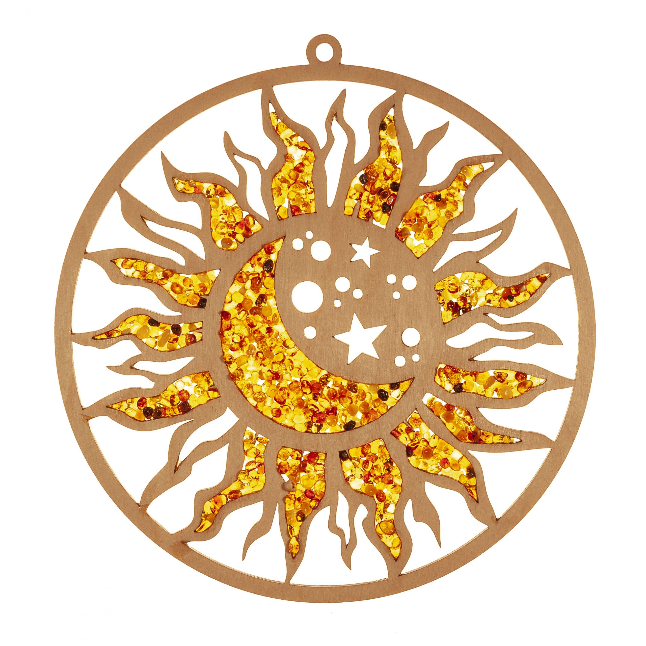 Raduly Large Suncatcher Sun Catcher Amber in Birch Wood Sun and Moon Window Decoration Diameter 20 cm Includes Suction Cup Hooks 35 mm Suitable for All Sunccatchers