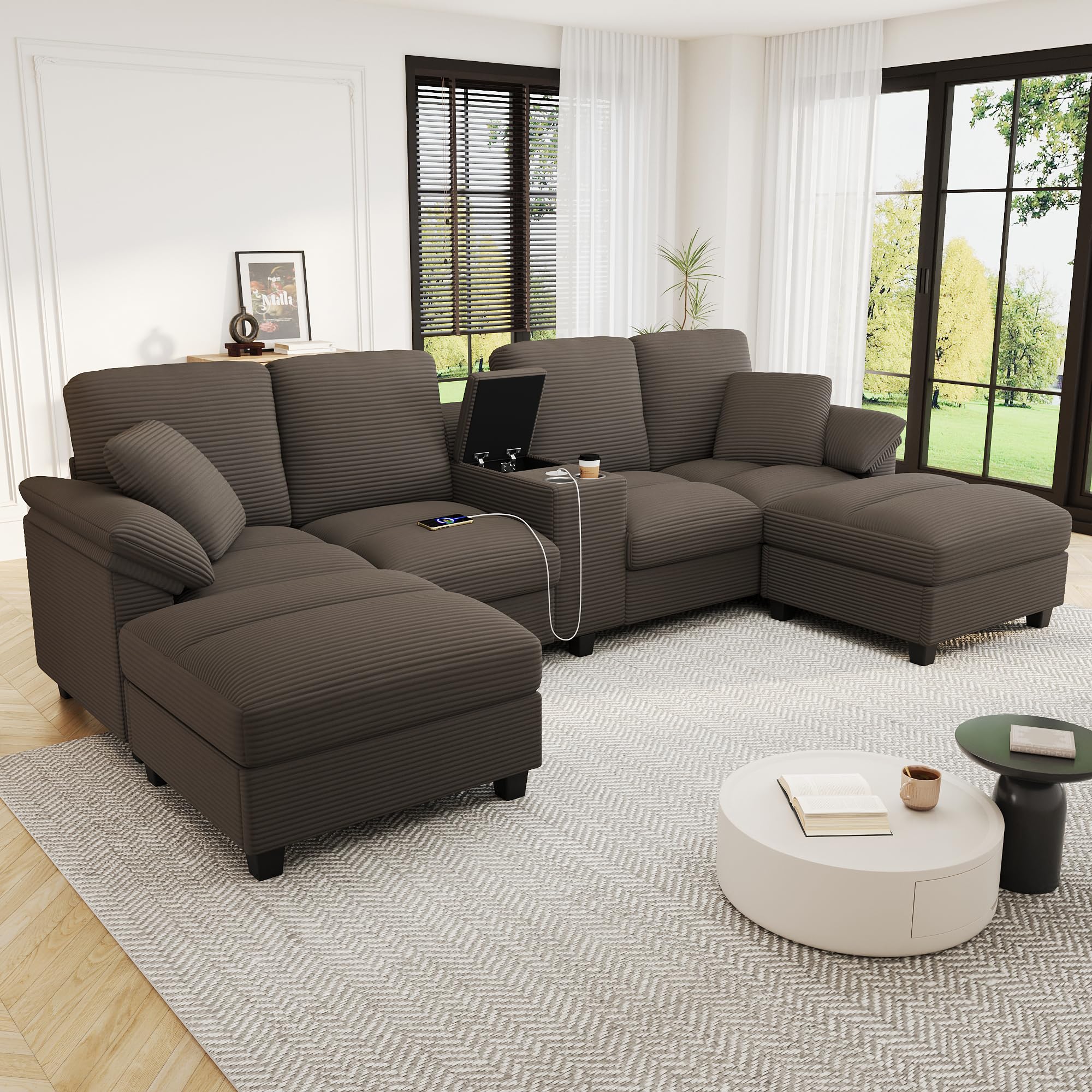 Photo 1 of ***PIECES MISSING AND DAMAGE ON CORNERS***Merax 116.9" Modern U-Shaped Sofa Sectional Sofa Corduroy Upholstered Sofa Couch with Storage Ottomans, Cup Holders and USB Ports for Living Room, Brown