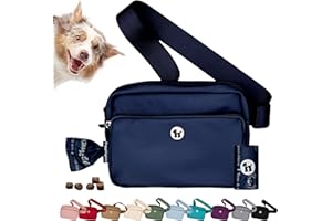 Puppington 3-in-1 Crossbody Dog Walking Bag & Treat Pouch with Matching Planet Safe Poop Bags & Built-In Dispenser - Zippered Pockets (Navy Blue)