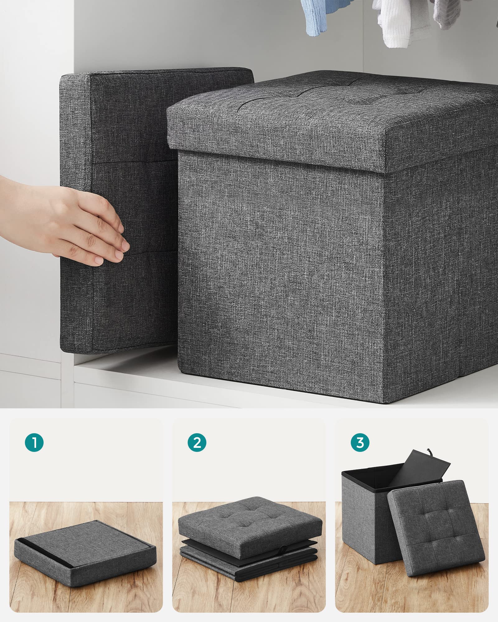 SONGMICS 30 cm Sitzbank mit Stauraum, 2er Set, klappbare Sitztruhe, Aufbewahrungsbox, Fußbank, dunkelgrau LSF426G02 4