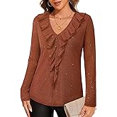 Gaharu Women's Dressy Blouses Long Sleeve Ruffle Shirts Casual Loose Fit Mesh Double Layers Flowy Tunic Tops
