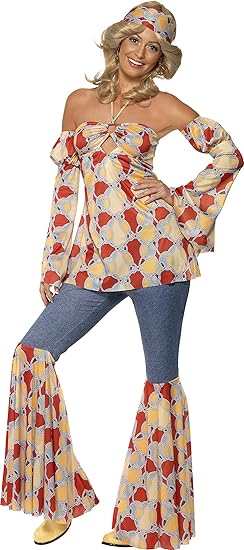 Smiffys, Damen 70er Jahre Vintage Hippie Kostüm, Neckholder-Top, Ärmel, Schlaghose und Stirnband, Größe: M, 39434
