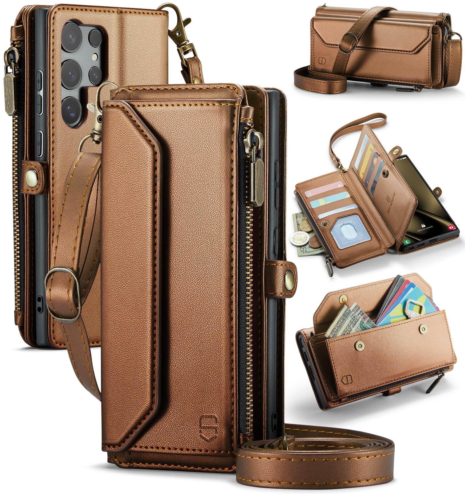 Photo 1 of Strapurs Wallet Case Compatible with Samsung Galaxy S25 Ultra 5G RFID Blocking 10-Card Holder Soft PU Leather Magnetic Snap Strap Zipper Pocket Phone Case Fit for Galaxy S25 Ultra - Brown