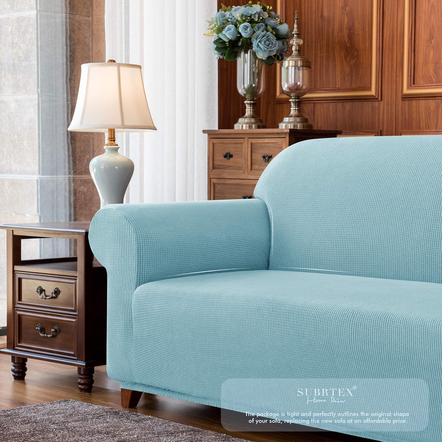 subrtex Stretch Sofa Cover 1-Piece Couch Slipcover Furniture Protector for Arm Chair Loveseat Coat Soft with Elastic Bottom, Polyester and Spandex Jacquard Fabric Small Checks (Large, Steel Blue): Home & Kitchen