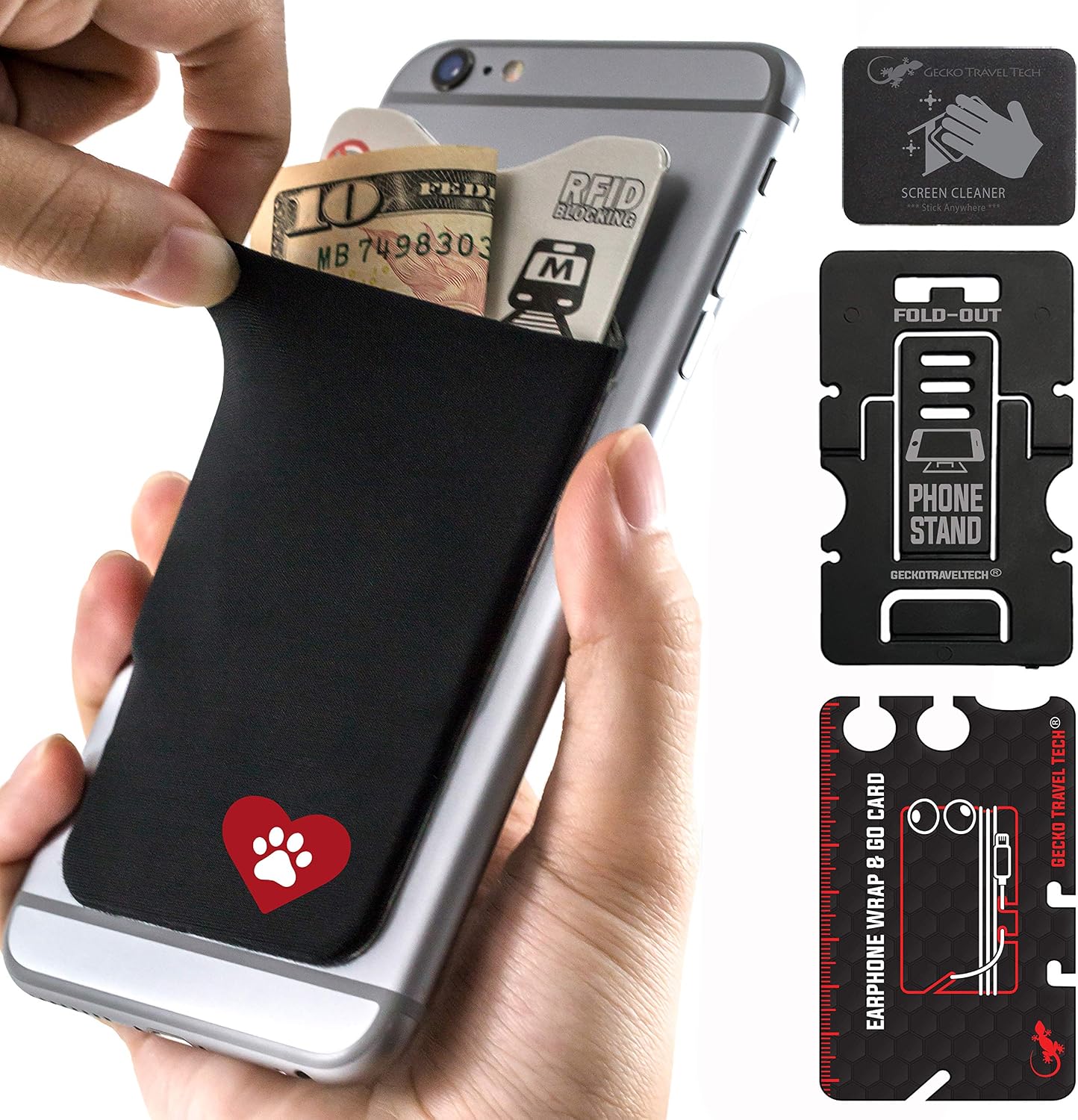 Gecko Adhesive Phone Wallet & RFID Blocking Sleeve,a Stick-On Stretchy Spandex Card holder Universally fits most Cell Phones & Cases.Xtra Tall Pocket Totally Covers Credit Cards & Cash (Dog Paw Heart)
