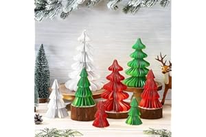 Faccito 8 Pcs Neutral Paper Christmas Trees Honeycomb Centerpiece Paper Honeycomb Christmas Tree with 2 LED Light Strings Hanging Decoration Table Centerpiece(Classic Color,Vibrant Style)