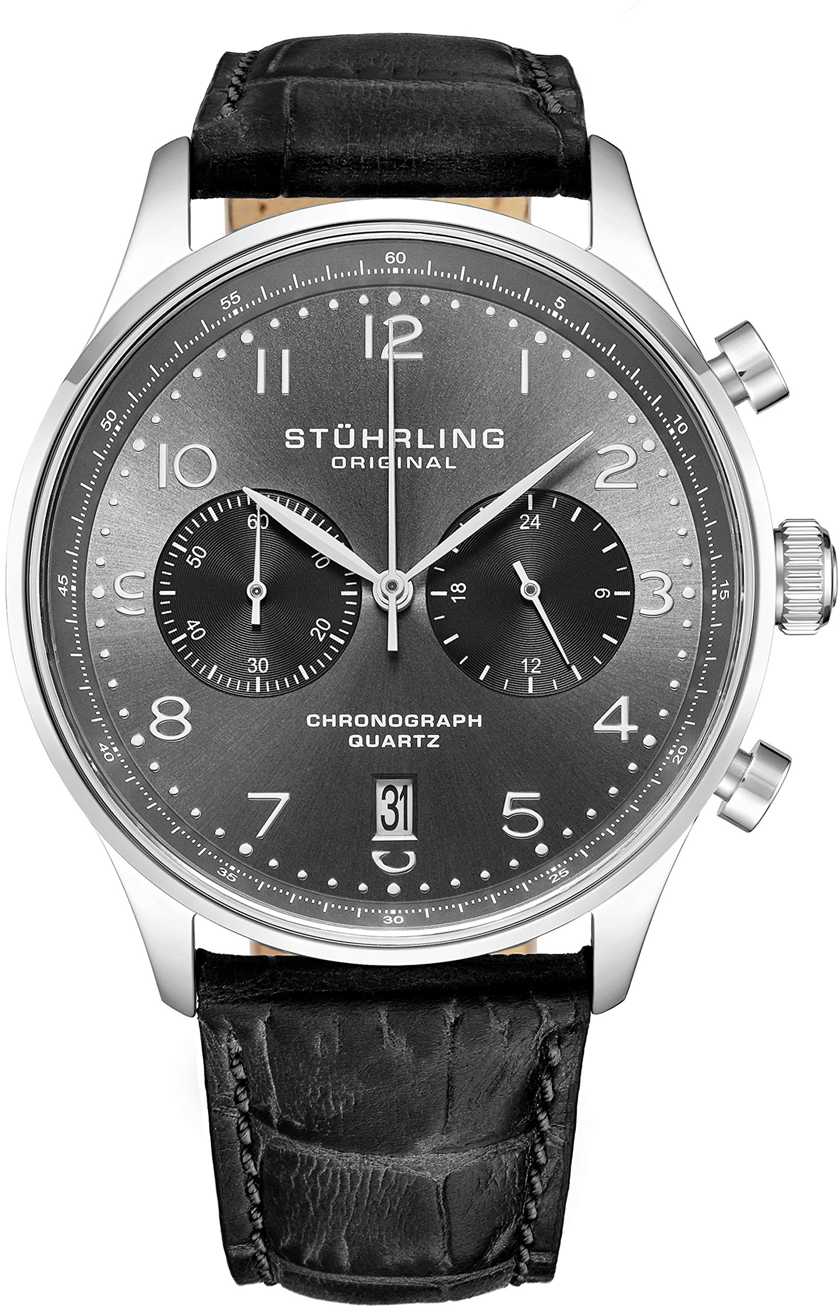 Stuhrling Original Mens Quartz Chronograph Dress Watch - Stainless Steel Case and Leather Band - Analog Dial with Date GR1-Q Mens Watches Collection (Black)