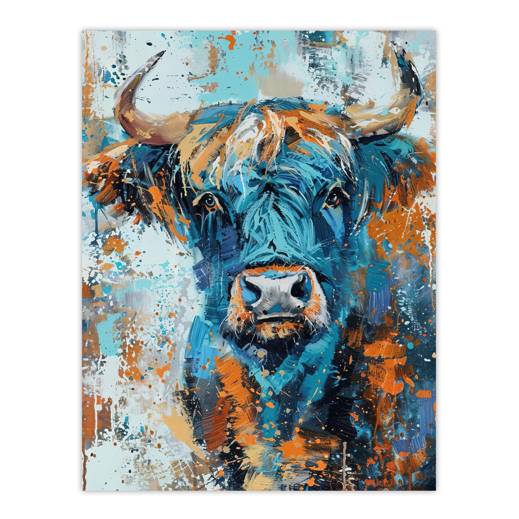 Artery8 Blue Highland Cow Oil Painting Scottish Animal Living Room Extra Large XL Wall Art Poster Print