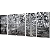 BATRENDY ARTS Black and Silver Tree Metal Art Hand-polished Wall Decor 3D Modern Home Accent for Bedroom Decoration 5 Panels 