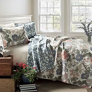 Lush Decor Sydney Quilt Floral Leaf Print 3 Piece Reversible Bedding Set, Full Queen, Green Blue