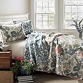 Lush Decor Sydney Reversible Cotton Quilt Set, 3 Piece Set, Full/ Queen, Green & Blue - Cotton Bedding Set - Blue Floral Quilt - Cottage Decor - Bedding Queen Size