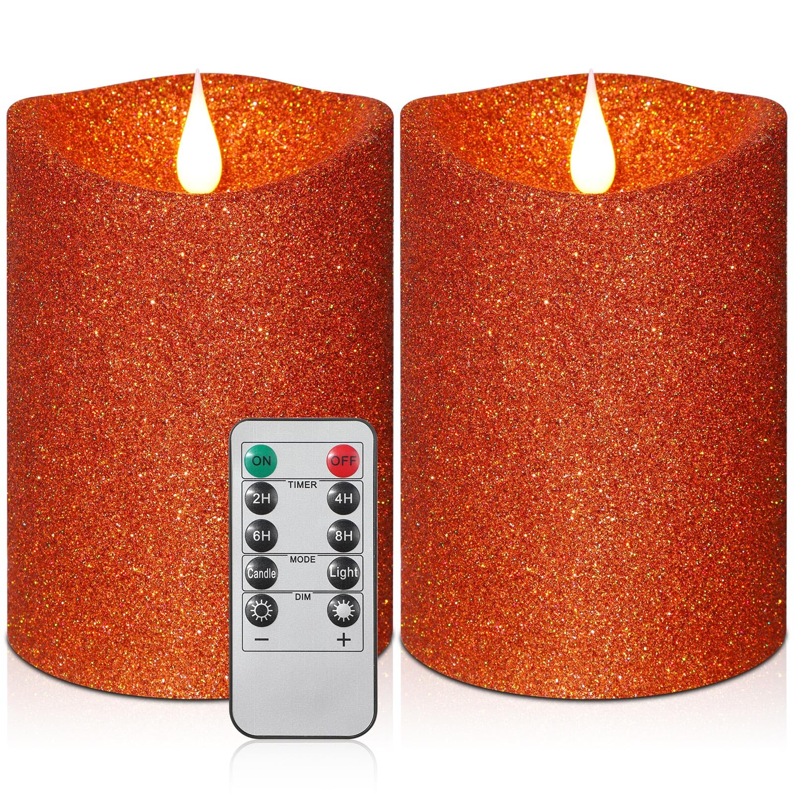 Photo 1 of Retisee 2 Pcs Glitter Flameless Candles, 3.5'' x 5'' Realistic Artificial Metallic Flame LED Candles Battery Operated Candle with Remote for Halloween, Christmas, Wedding, Birthday (Orange)