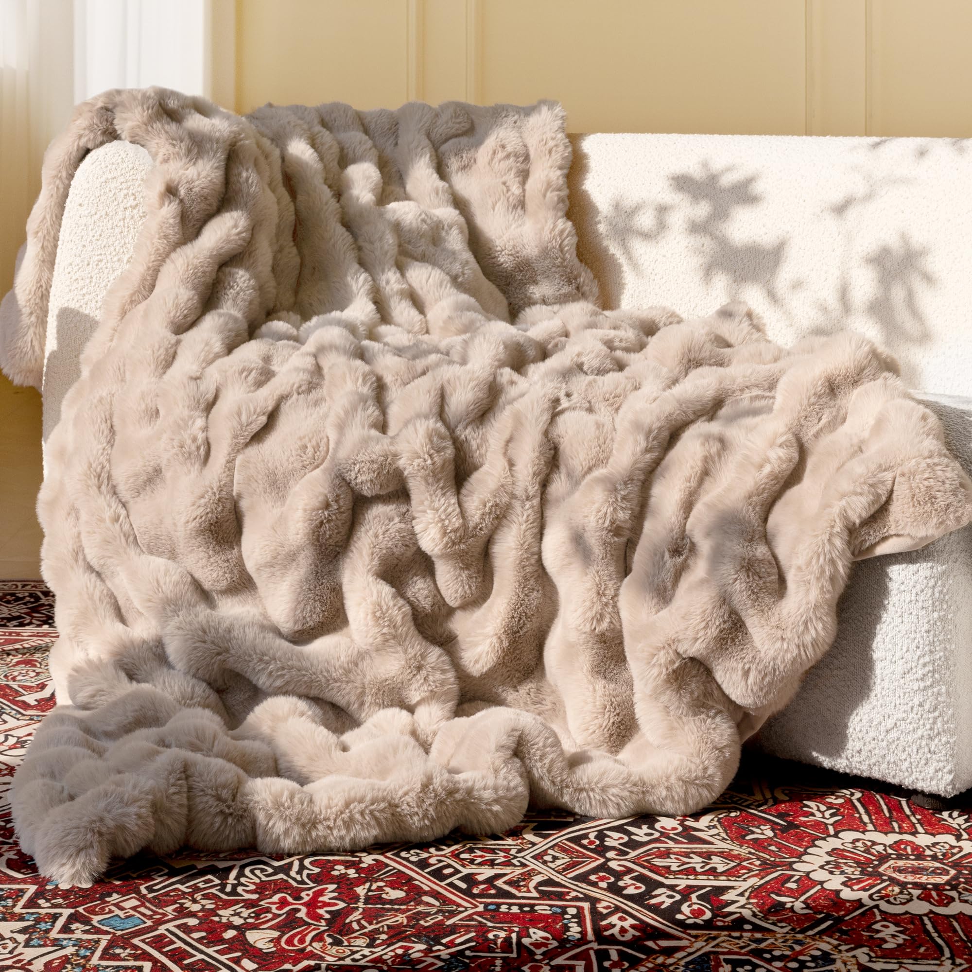 Photo 1 of Ultra Soft Cozy Faux Fur Throw Blanket, Fuzzy Plush Thick Bubble Blanket, Oversize Luxury Fluffy Blanket for Couch, Sofa, Bedroom, and Living Room, 50x60 Inches, Light Brown