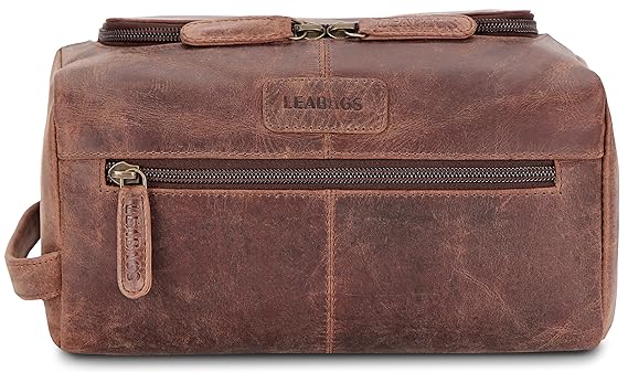 LEABAGS Palm Beach Kulturbeutel aus echtem Büffel-Leder im Vintage Look - Muskat