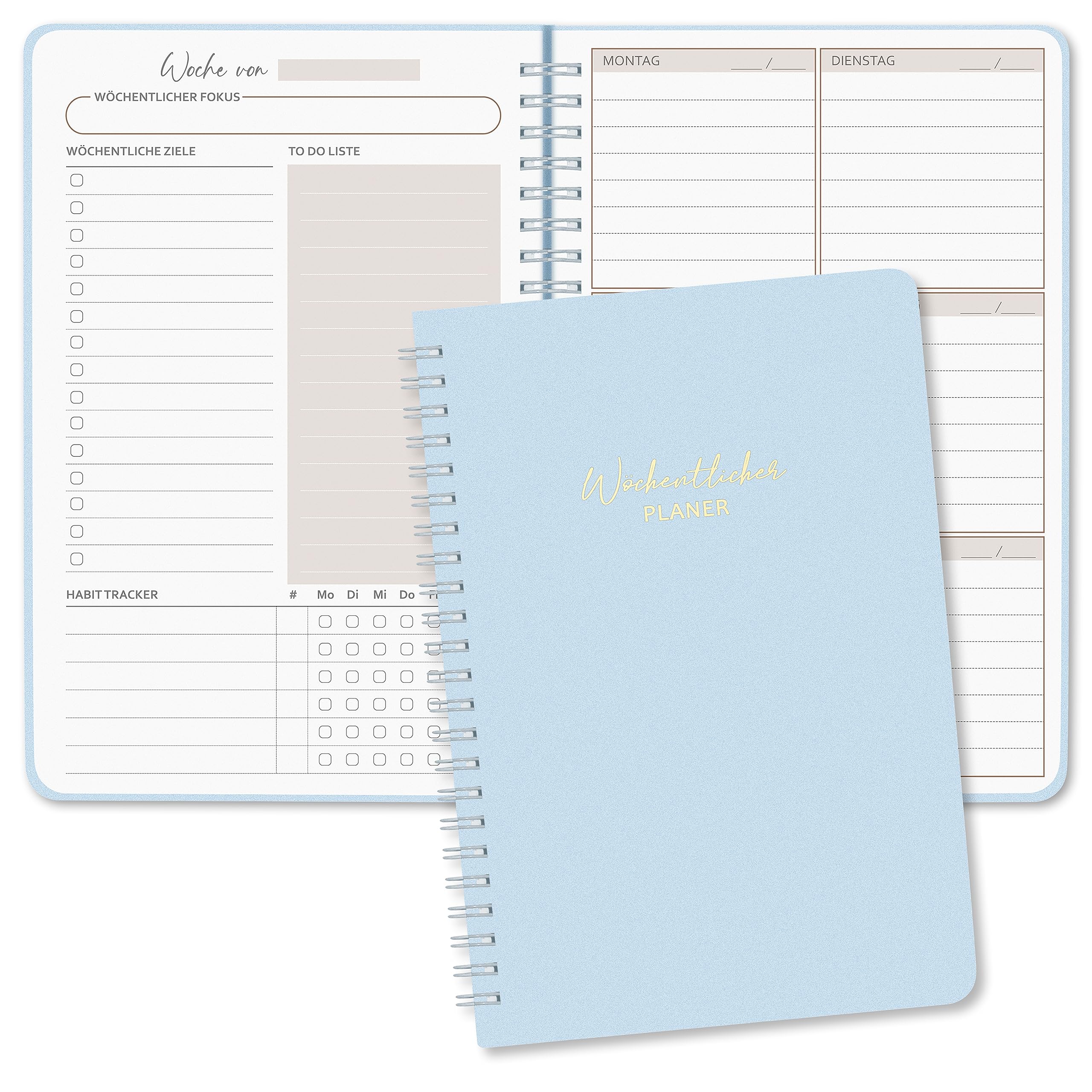 BIROYAL Undated Weekly Planner A5 Weekly Diary with To-Do List, Large Note Field, 52 Sheets Diary in German Ring Binder with Hardcover Planner Blue