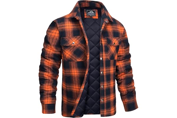 MAGCOMSEN Mens Winter Jackets Quilted Flannel Plaid Shirt Cotton Button Up Long Sleeve Casual Jacket with 5 Pockets
