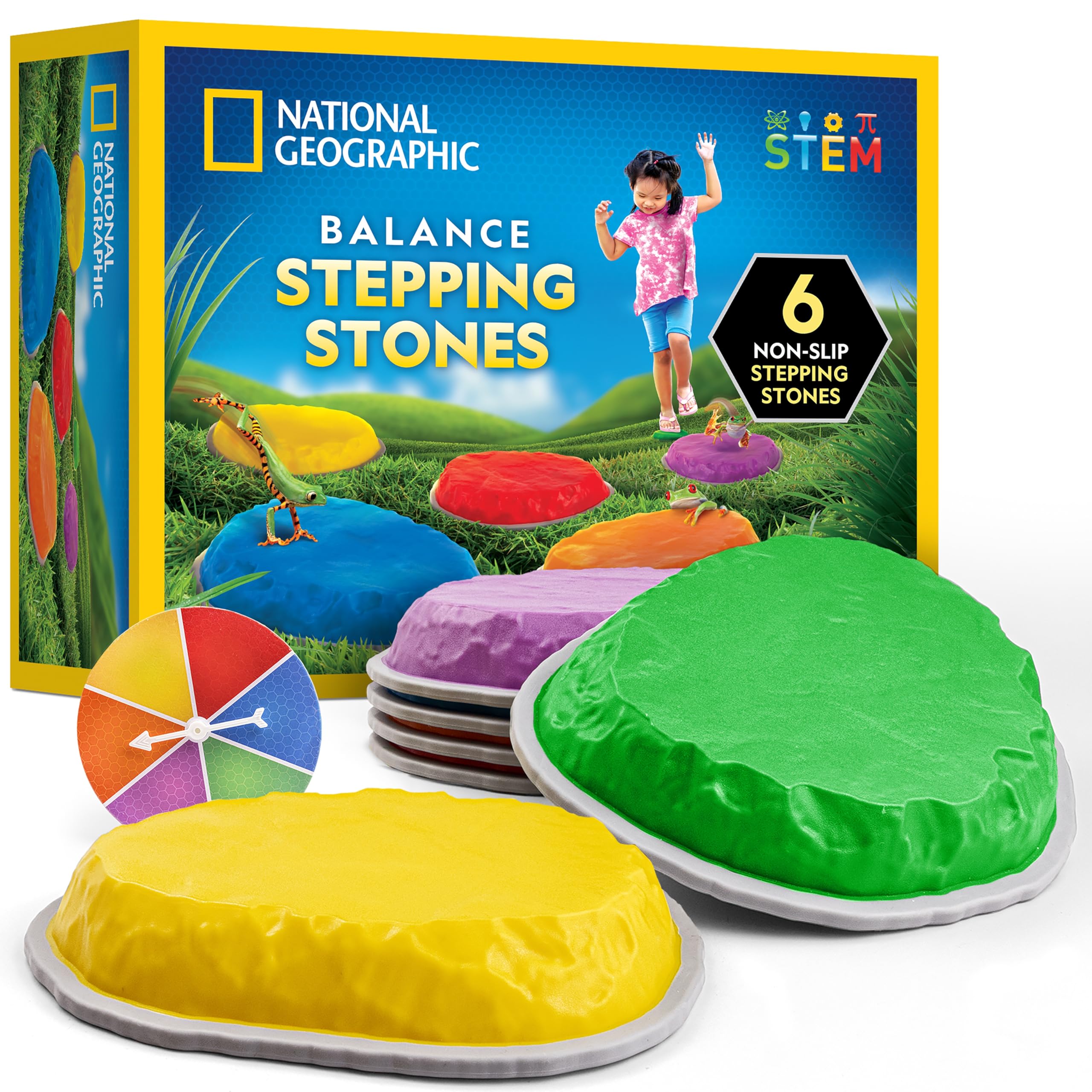 NATIONAL GEOGRAPHIC Stepping Stones for Kids – 6 Durable, Colorful, Non-Slip Balance Stones Encourage Toddler Gross Motor Skills, Includes Game Spinner, Indoor & Outdoor Toys, Obstacle Course